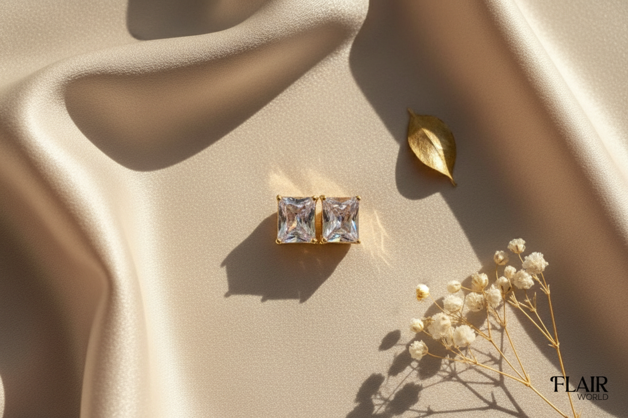 White Crystal Square Studs