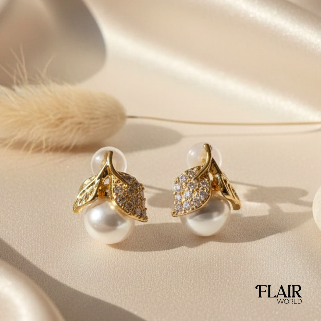 Inverted Leaf Pearl Studs