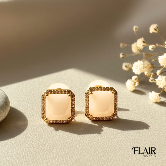 White Stone Square Studs