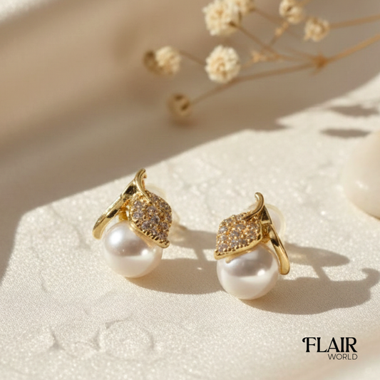 Inverted Leaf Pearl Studs